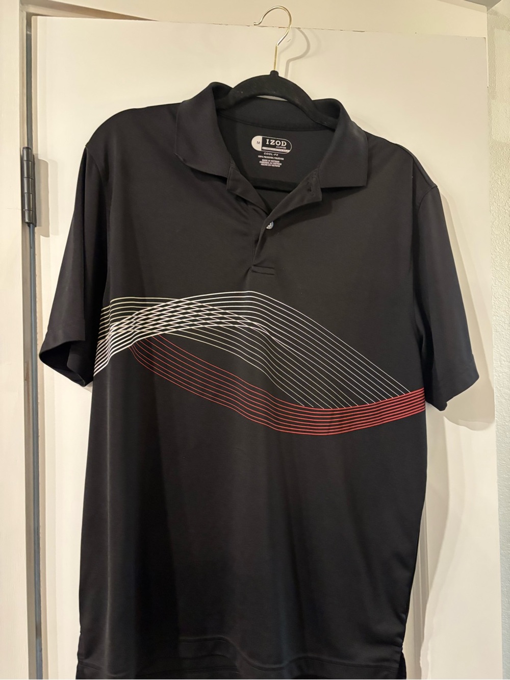 Izod Black Polo with Red and White Wave Stripes